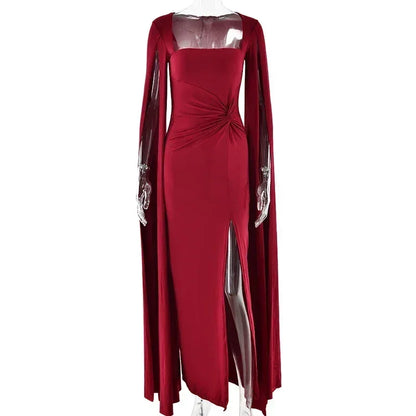 Mozision Long Cape Sleeve Split Maxi Dress For Women Gown Fashion Solid Square Collar Evening Sexy Long Dress Elegant New