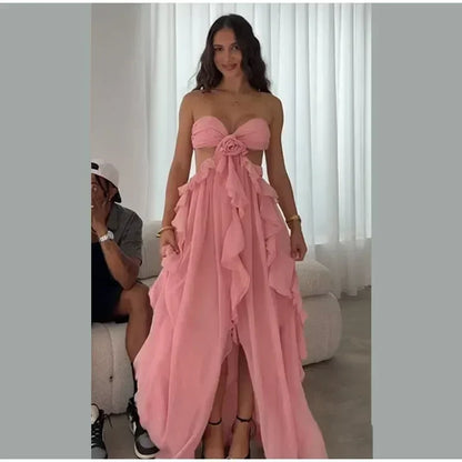 Chic Women Spring Hollow Out 3d Flower Ruffled Hem Long Dress Elegant Off Shoulder Backless Robe 2025 New Lady Street Party Gown