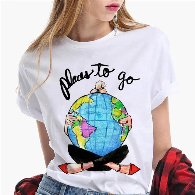 Paris Girl Europe and America Fashion Loose Ins White Short-sleeved T-shirt Woman Graphic T Shirts  Harajuku  Women Clothes