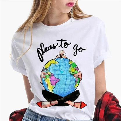 Paris Girl Europe and America Fashion Loose Ins White Short-sleeved T-shirt Woman Graphic T Shirts  Harajuku  Women Clothes