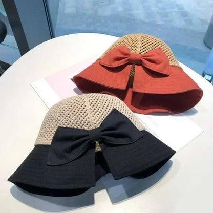 Summer Women Bucket Hat UV Protection Sun Hats Soft Foldable Wide Brim Outdoor Beach Hat Panama Cap Ponytail Cap