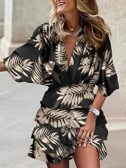 Women Fall V-Neck Loose Batwing Hafl Sleeve Print Dress Fashion Elegant Lace-up Ruffle Beach Mini Dresses Casual Streetwear 2024