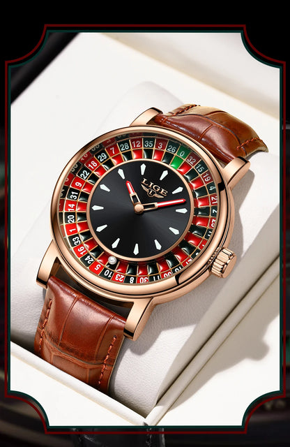 LIGE Quartz Man Watch Fashion Luxury Creative Roulette Game Dial Design Leather Casual Life Waterproof Watches for Men Gifts+Box