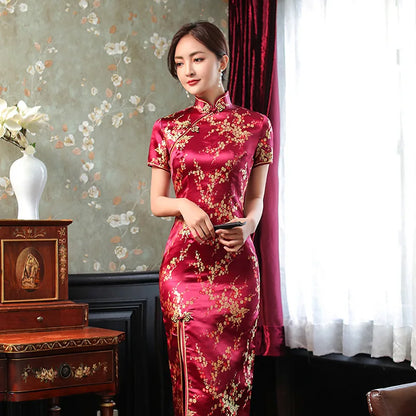 Large Size Sexy Slim Long Qipao Dress Women Retro Elegant Cheongsam Short Sleeve Brocade Dragons and Phoenixes Clothes Vestidos