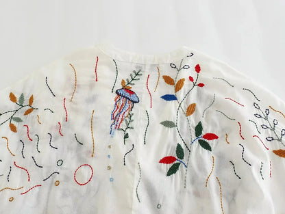 Foridol Marine Organism Embroidery Batwing Sleeve Summer Spring Maxi Skirt Set Cotton White Tassle Dress Set Outfits Button Suit