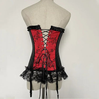 Sexy Lingerie with Garters Sets Women's Lace Hem Overbust Corset Lace Up Zipper Waist Body Shaper Boned Corset Bustier Plus Size
