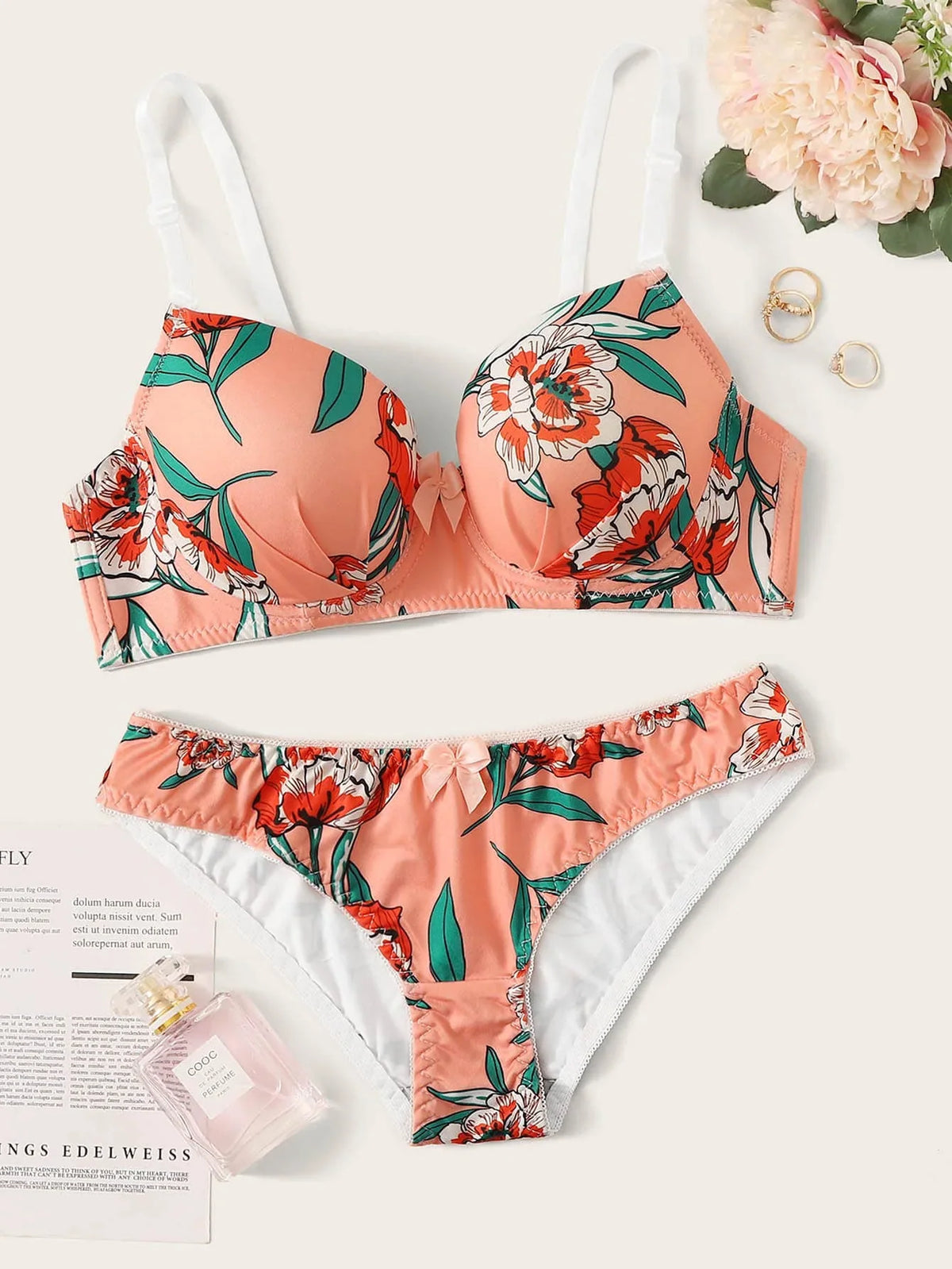 New High Quality polychrome Lingerie 2 Pieces Women's Underwear Set  Gathering Beautiful Flower Prints Push Up Bra A2138