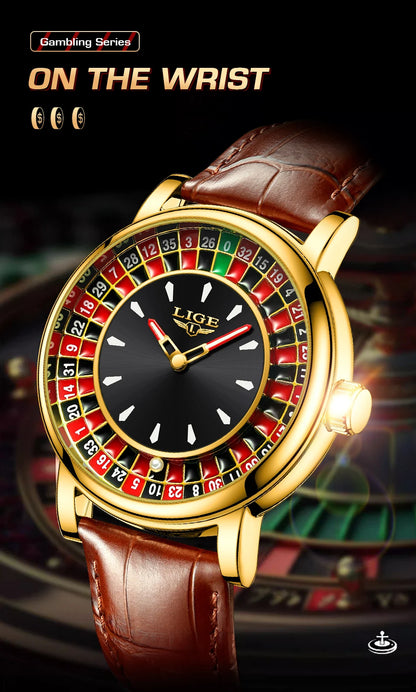 LIGE Quartz Man Watch Fashion Luxury Creative Roulette Game Dial Design Leather Casual Life Waterproof Watches for Men Gifts+Box