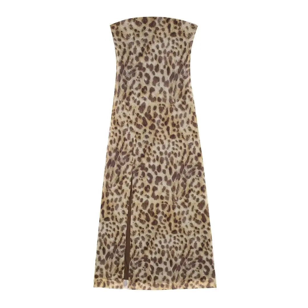 2026 Dress For Women Summer Chic Print Mesh Sleeveless Sexy Side Slit Slim Dresses Wild Beach Resort Style Woman Dress