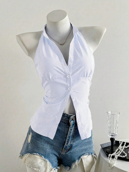 Summer Casual Shirt Women's Blue Striped Halter Top V Neck Button Down Sleeveless Slim Fit Blouse 2026 Y2K Style Streetwear