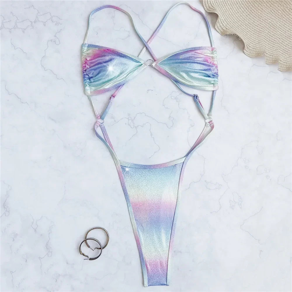Sexy Color Shiny Bikini Swimsuit One Piece Swimwear Women String Thong Backless Monokini High Cut Bathing Swimming Suits Wear