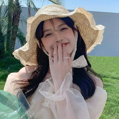 Summer Women's Lace Straw Beach Hat Foldable Sun Hat with Wide Brim Fresh Stylish Sunblock Shade Hat Perfect for Travel Holiday
