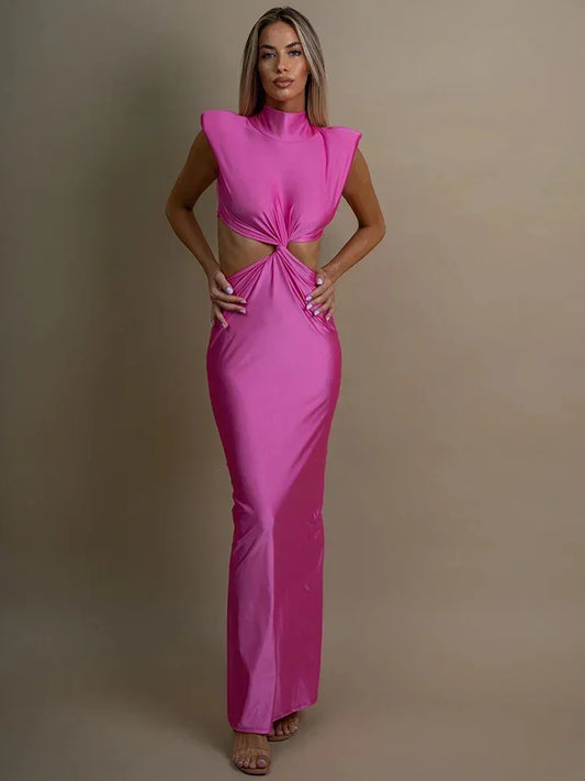 Mozision Hollow Out Turtleneck Sexy Maxi Dress For Women Fashion Solid Sleeveless Bodycon Tank Dresses Femme Club Party Dress
