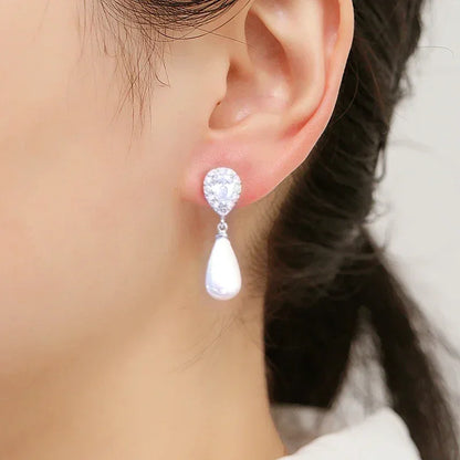 ZAKOL Stylish Teardrop Imitation Pearl Dangle Earrings Water Drop Cubic Zirconia for Women Bridal Earring Wedding Jewelry Bijoux