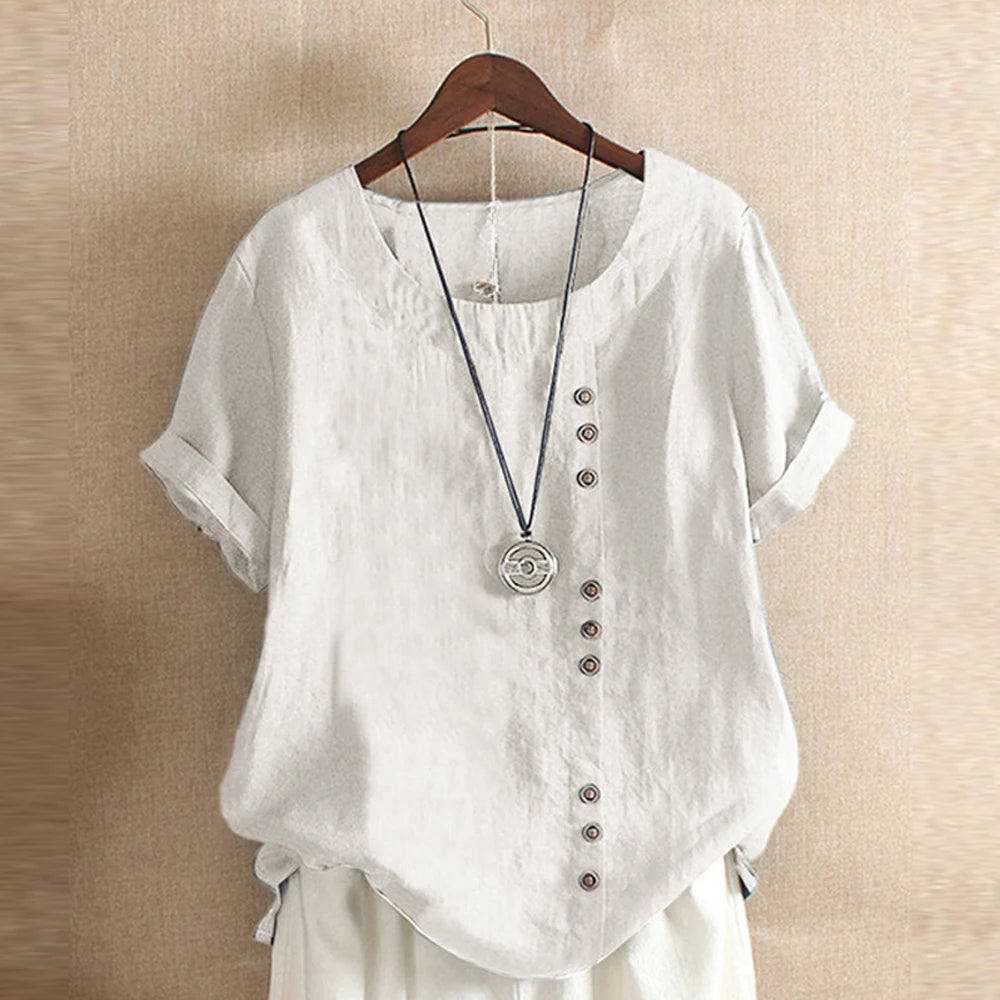18 Colors S-5XL Women Cotton Linen Button Blouse Summer Female O-Neck Short Sleeve Solid Shirt Tops WYLP-M03