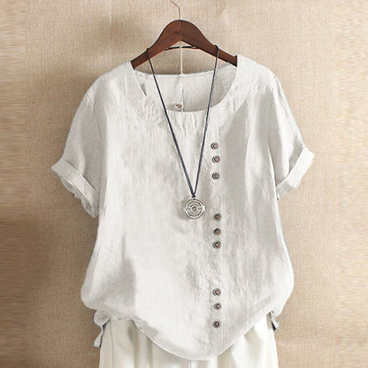 18 Colors S-5XL Women Cotton Linen Button Blouse Summer Female O-Neck Short Sleeve Solid Shirt Tops WYLP-M03