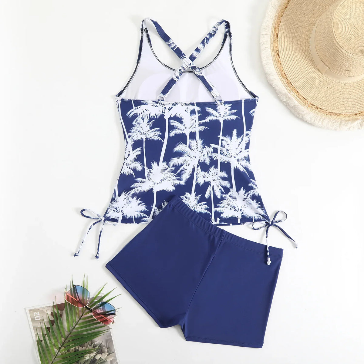 High Waist Swimwear Women 2025 New Two Pieces Swimsuit with Shorts Coconut Palm Print Tankini Set Summer Bathing Suit Trunks