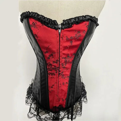 Sexy Lingerie with Garters Sets Women's Lace Hem Overbust Corset Lace Up Zipper Waist Body Shaper Boned Corset Bustier Plus Size
