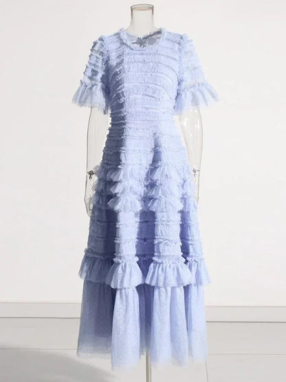 Patchwork Edible Tree Fungus Elegant Dresses For Women Round Neck Short Sleeve High Waist Temperament Dress Female Fashion