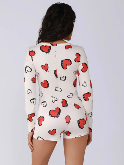 Ladies one-piece bodysuit sexy hot girl pajamas heart digital print short-sleeved set shorts home wear