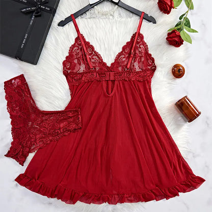 Sexy Lingerie Set Women Erotic Bra Nightdress Sexy Lace V-Neck Underwear Solid Slim Soft Dresses Transparent Thong & Sleepwear