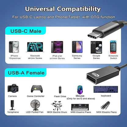 USB-C OTG Adapter Cable: Dual-Function Type-C to USB-A Converter with Power Delivery (PD) Charging Support