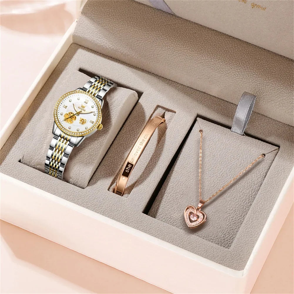 Women's Floral Openwork Automatic Bracelet Watch
