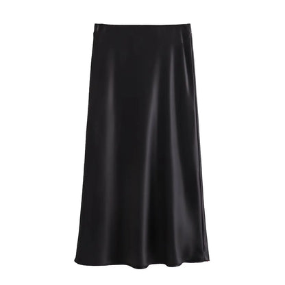 2026 New Women's European And American Style Fashion Silk Satin Texture High Waist Skirt Street Style Elegant Mid-length Skirt