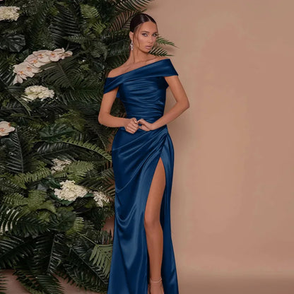 Elegant Satin Solid Color Off-Shoulder Women's Long Dress Sexy High-Waisted Flim Slit Pleated Dress for Lady Party Wedding