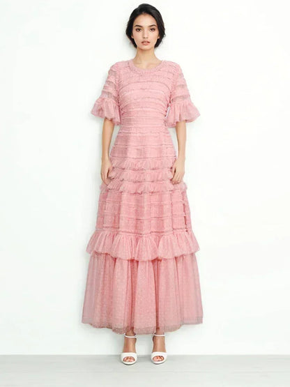 Patchwork Edible Tree Fungus Elegant Dresses For Women Round Neck Short Sleeve High Waist Temperament Dress Female Fashion