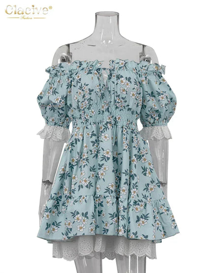 Clacive Summer Slim Print Women's Dress Fashion Slash Neck Short Sleeve Mini Dresses Elegant High Waist Patchwork Female Dress