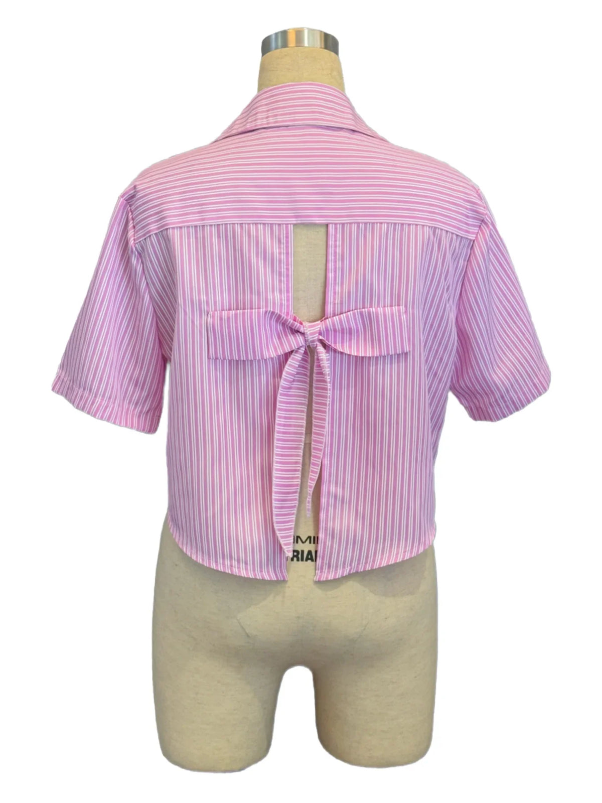 Y2K Style Pink Striped Crop Blouse for Women Short Sleeve Lapel Button-Up Women's Shirt Back Tie Top Lady Summer Casual Outfit