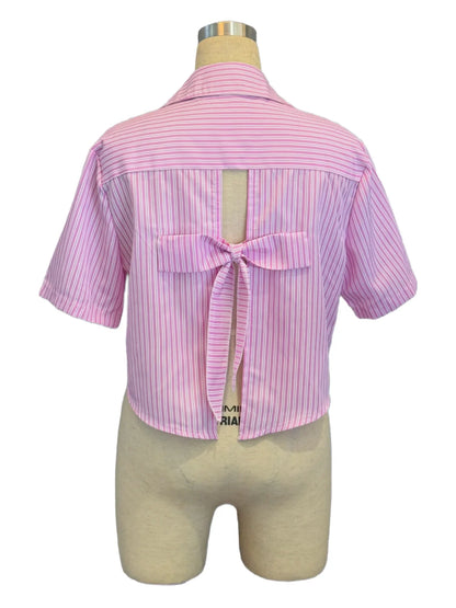 Y2K Style Pink Striped Crop Blouse for Women Short Sleeve Lapel Button-Up Women's Shirt Back Tie Top Lady Summer Casual Outfit