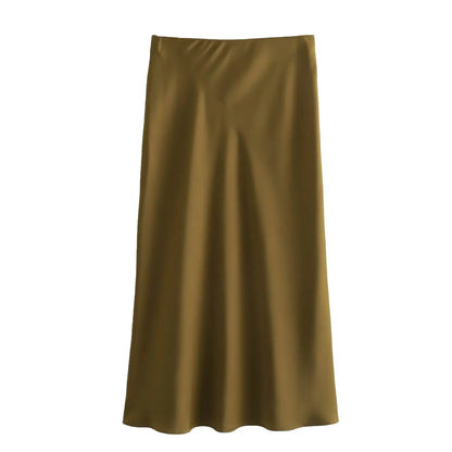 2026 New Women's European And American Style Fashion Silk Satin Texture High Waist Skirt Street Style Elegant Mid-length Skirt