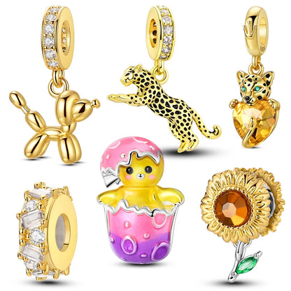 Golden Sunflower Leopard Poodle Charms Beads Fit Bracelet Nacklace Jewelry DIY Gifts For Women
