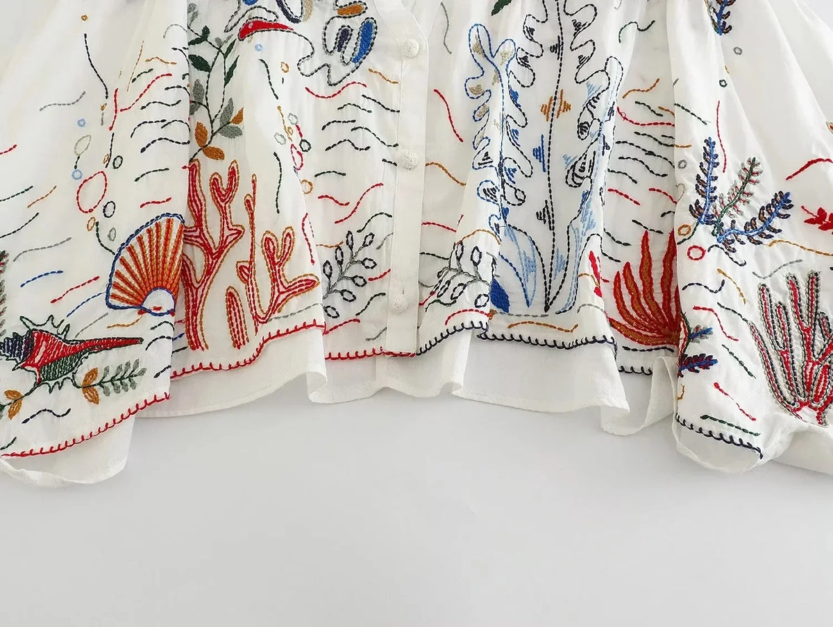 Foridol Marine Organism Embroidery Batwing Sleeve Summer Spring Maxi Skirt Set Cotton White Tassle Dress Set Outfits Button Suit