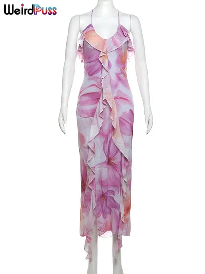 Weird Puss Flower Print Dress Woman Summer Strapless Splits Irregular Tassel Patchwork Backless Bandage Party Skinny Vestidos