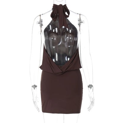Dulzura Summer Fashion Sexy Halter Sleeveless Lace Up Backless Bodycon Mini Dress Women'S Solid Elegant Party Club Street Outfit