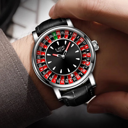 LIGE Quartz Man Watch Fashion Luxury Creative Roulette Game Dial Design Leather Casual Life Waterproof Watches for Men Gifts+Box