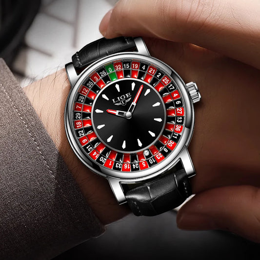 LIGE Quartz Man Watch Fashion Luxury Creative Roulette Game Dial Design Leather Casual Life Waterproof Watches for Men Gifts+Box