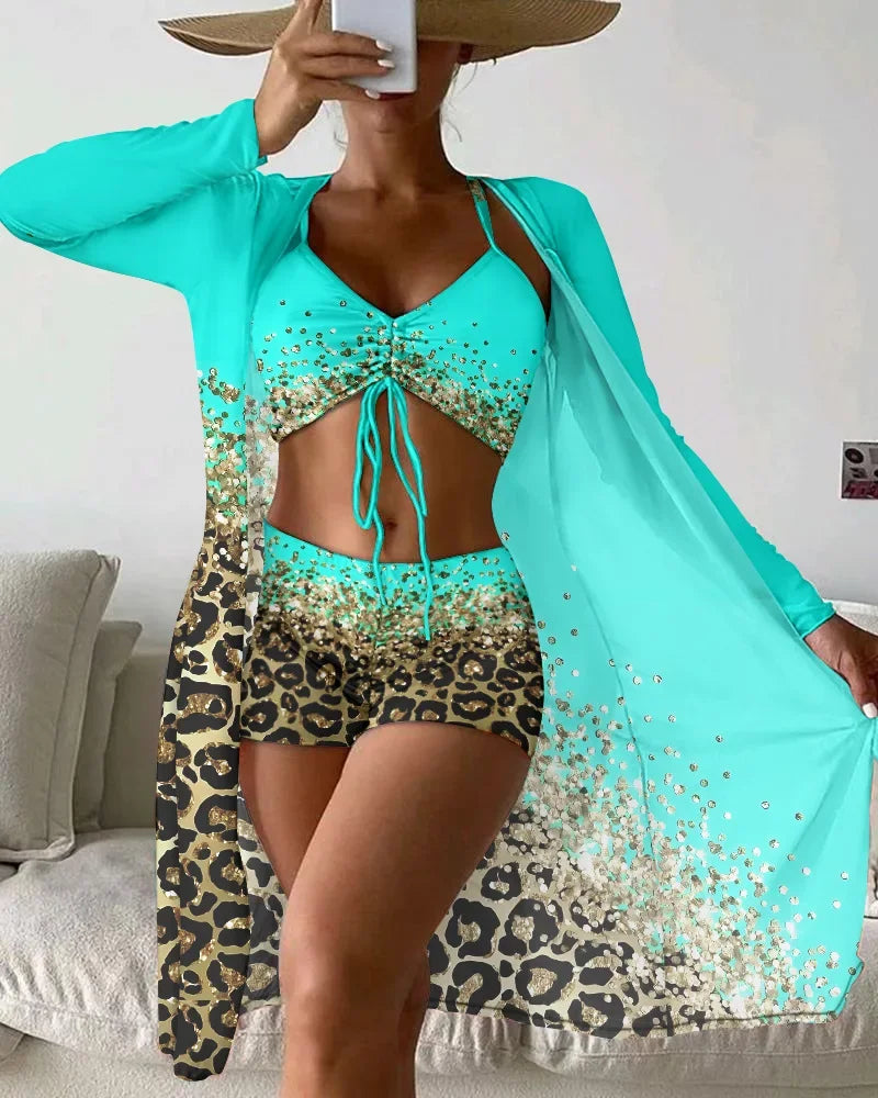 Women Bathing Suit  Print Leopard Bikinis 3 Pieces Swimsuit Kimono High Waist Bikini Shorts Long Sleeve Beach Cover Up Swimwear