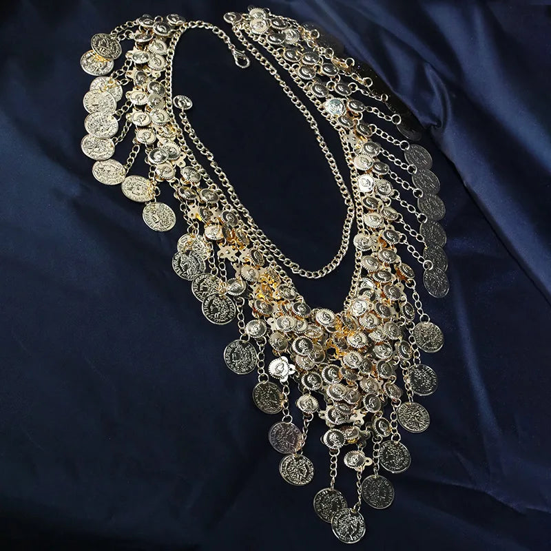 Punk exaggerated retro metal coin pendant necklace Fashion sexy exotic multi-layer fringe necklace waist chain women