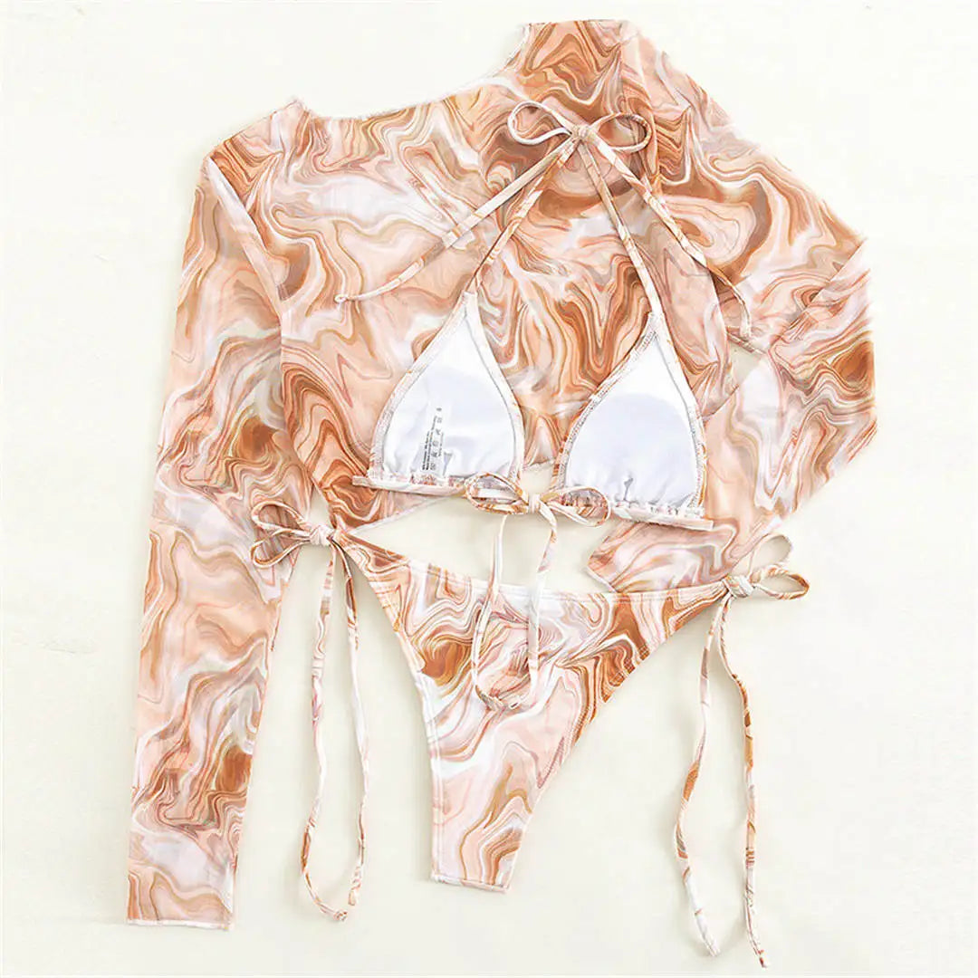 S- XXL Leopard Printed Long Sleeve Bikini Women Swimwear Female Swimsuit Three-piece Bikini set Bather Bathing Suit Swim V3193SW