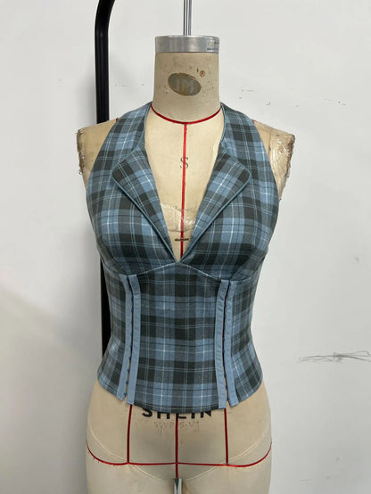 Phantasy Retro Red Plaid Halter Tank Top Women Sexy V neck Backless Crop Top European Style Lace up Camisole 2026 Summer Clothes