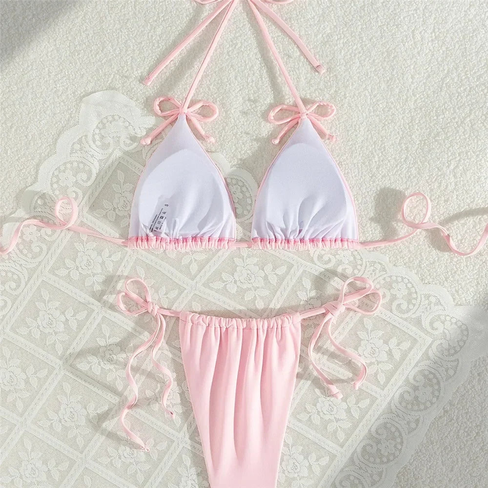 Pink Bow Swimwear String Halter Triangle Micro Bikini Thong Sexy Swimsuit Women Lace-up Wrinkled Bathing Suit Mini Bikinis Sets