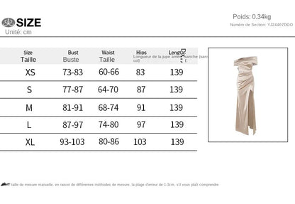 Elegant Satin Solid Color Off-Shoulder Women's Long Dress Sexy High-Waisted Flim Slit Pleated Dress for Lady Party Wedding