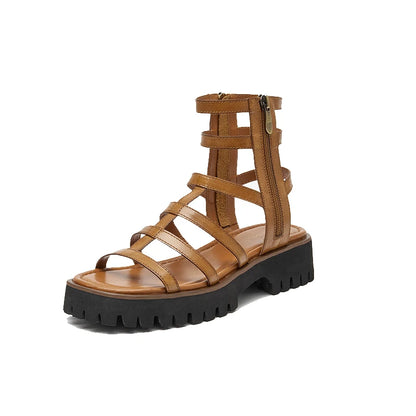 BeauToday Gladiator Sandals Women Genuine Leather Round Toe Ankle Metal Buckle Platform Summer Ladies Shoes Handmade 38215