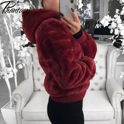 Phantasy Women's Hoodies Women Clothing Streetwear New Style Fashion Hooded Imitation Fur Plush Coat Solid Color Jacket Female