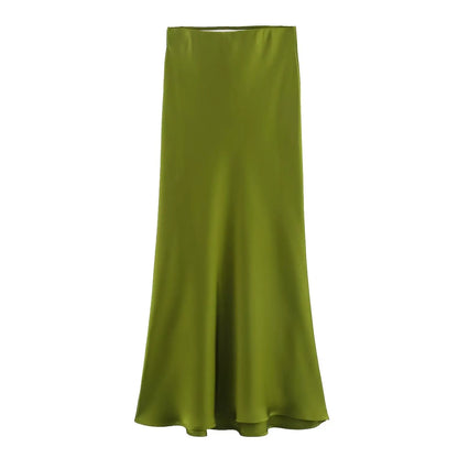 2026 New Women's European And American Style Fashion Silk Satin Texture High Waist Skirt Street Style Elegant Mid-length Skirt