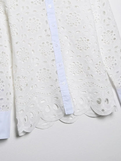 Spring Women Summer White Lace Dress Set Hollow Out Embroidery Shirt Skirt 2 Pcs Robe Outfits Single Breasting Cotton Maxi Dress